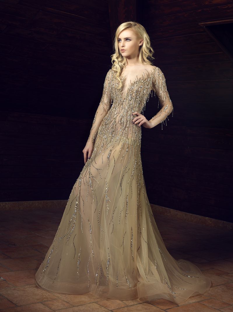 2019 Gold Mermaid Prom Dresses Luxury Crystals Sequined Tulle V Neck Evening Dress Tony Chaaya Long Sleeve Tassels Formal Party Gowns