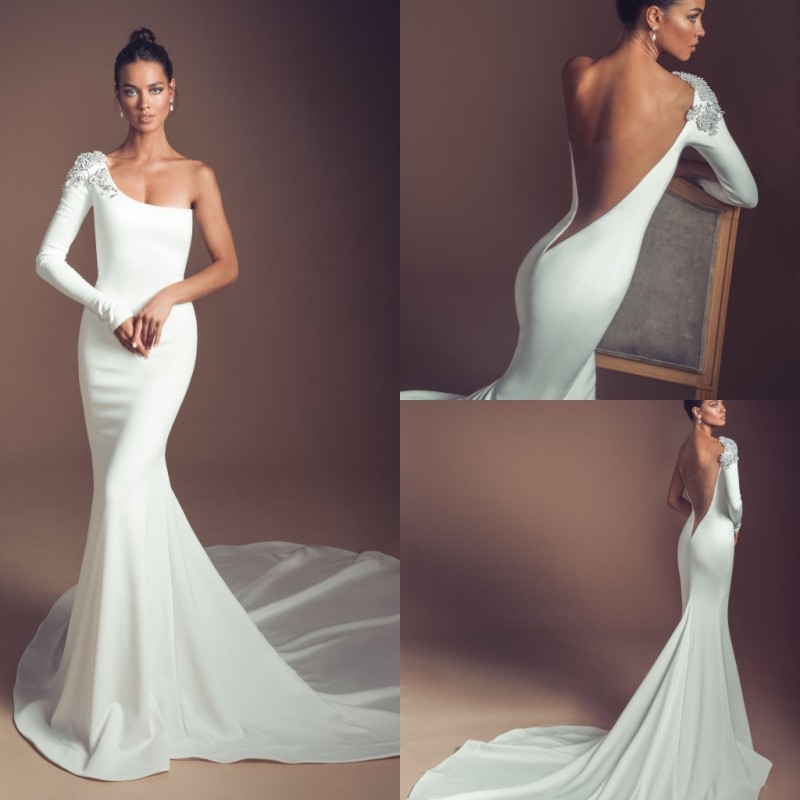 Elihav Sasson 2019 Wedding Dresses Mermaid Long Sleeve One Shoulder Beads Backless Beach Country Satin Wedding Dress Bridal Gowns