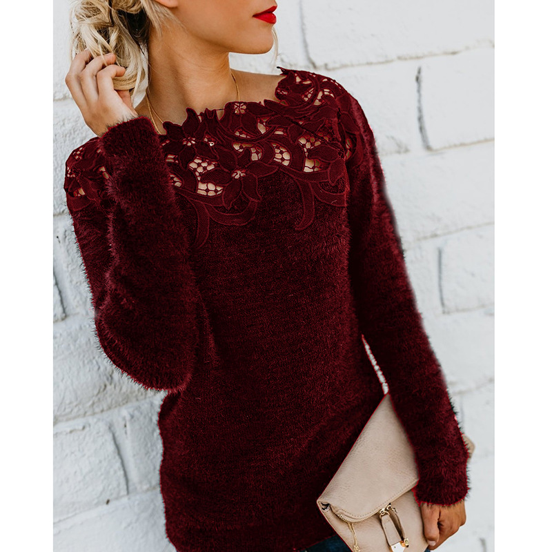 Spot 2021 hot European spring and autumn fashion solid color lace long-sleeved sweater support mixed batch
