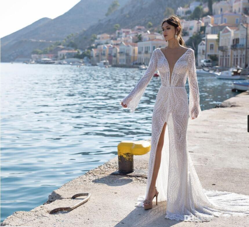 lian rokman front split mermaid wedding dresses sexy deep v neck lace appliqued beach bridal gowns long sleeve backless robe de marie