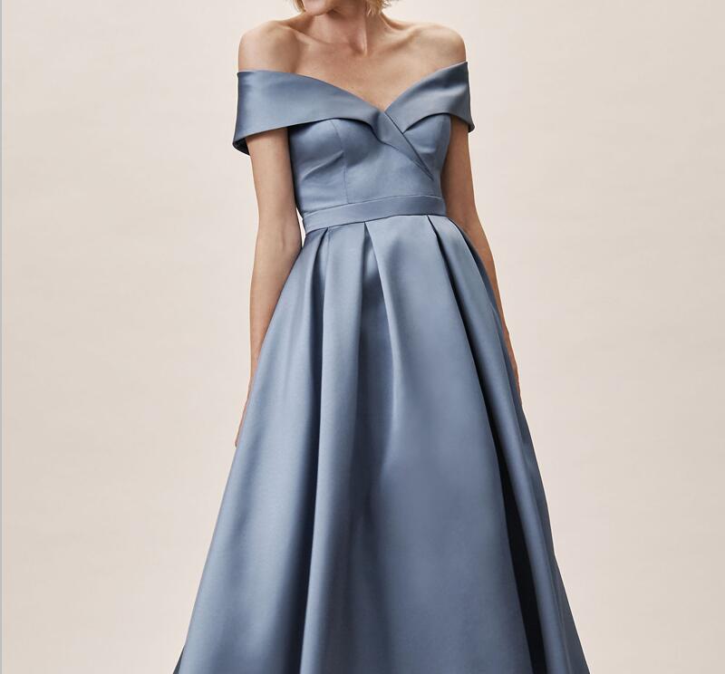 Hi Lo Prom Dresses Off the Shoulder Zipper Back Hi Lo Satin Satin Prom Gowns Evening Dresses Party Gowns