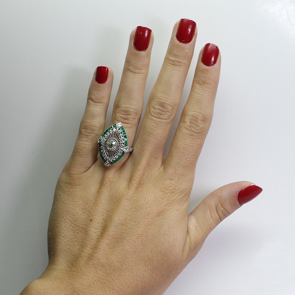 Antique Art Deco 925 Sterling Silver Emerald White Sapphire Floral Engagement Party Ring Size Anniversary Gift Day US 5 12