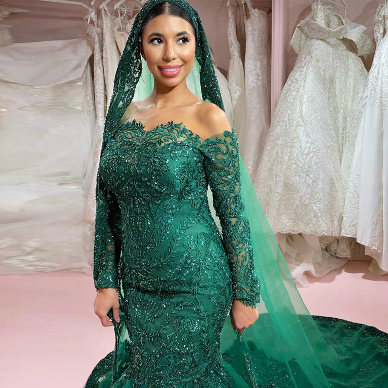 Brilliant Dark Green Muslim Mermaid Dresses Off The Shoulder Long Sleeve Beaded Wedding Gowns Sweep Train Tulle Abiti Da Sposa