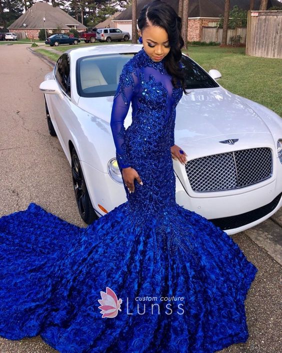 Royal Blue Cathedral 3D Floral Train Prom Dresses High Neck Real Image Sparkly Lace Beaded Long Sleeve African Black Girl Evening Gown