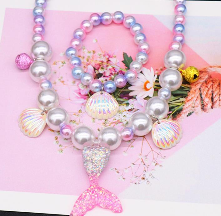 Beaded Necklace Bracelets Ring Clip Earrings for Kids Little Girl Mermaid Pearl Jewelry Sets Favors Bags for Party