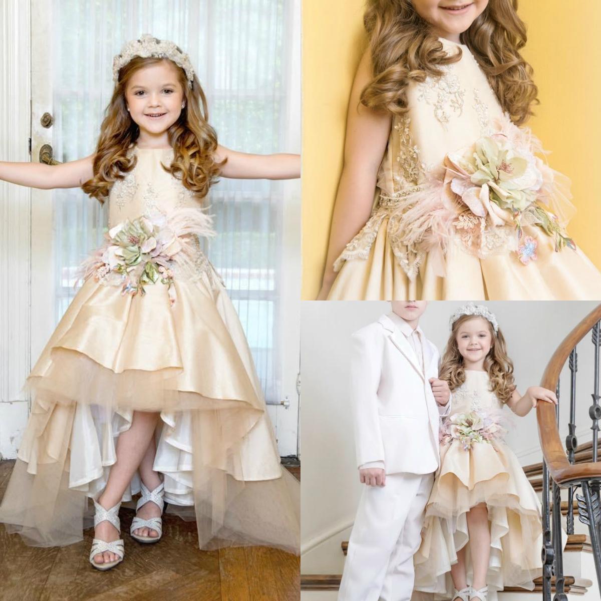 Champagne Flowers Girls Dresses Jewel Lace Applique Feather Hand Made Flower Princess High Low Birthday Party Gowns Robes De Fête