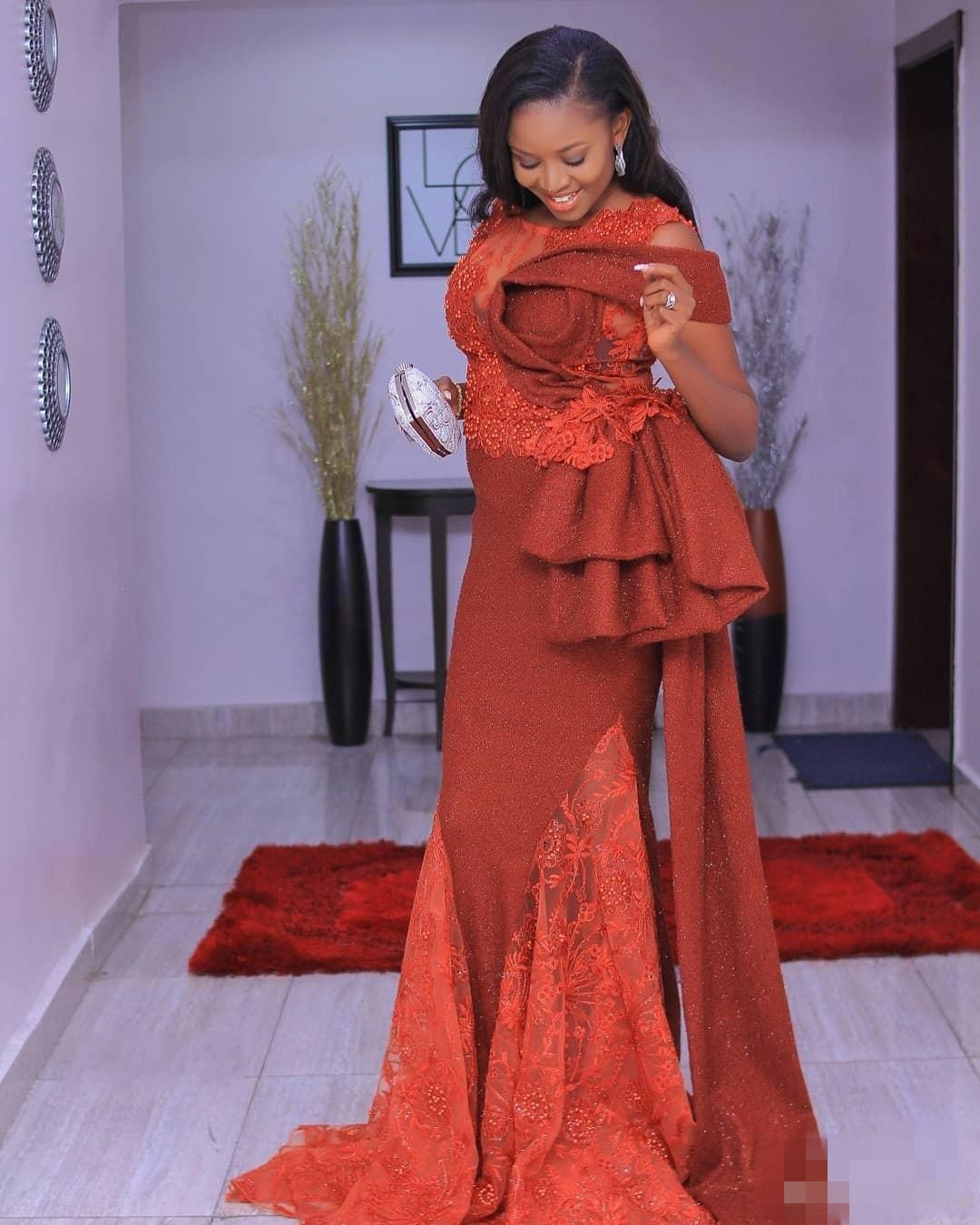 Dark Red Modest Prom Dresses Peplum Ruffles Lace Applique Mermaid Beaded Scoop Neck African Girl Evening Party Gown Formal Ocn Wear