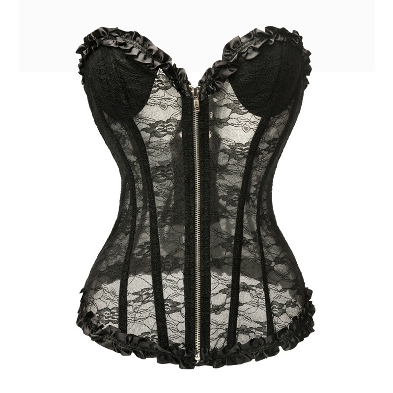 Lace Mesh Zipper Overbust Corset Women Fashion Padded Underwire Cups with Pleated Ruffle Trim Sexy Lace-up White Bridal Corset