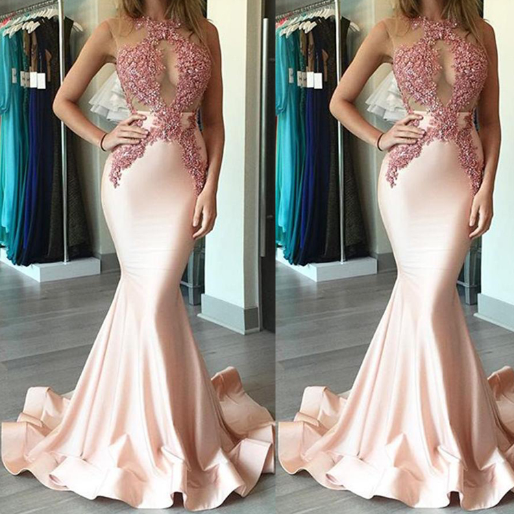 Sexy Illusion Evening Dresses Lace Appliques Sequins Pink Mermaid Long Sheer Backless Formal Party Prom Gowns