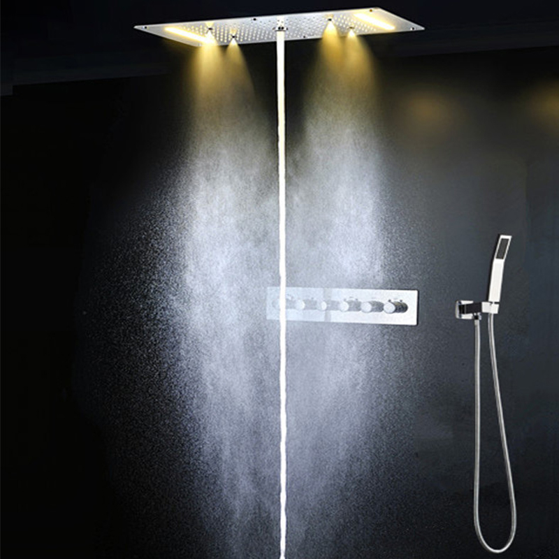 Bathroom Ceiling LED Shower Set Embedded Mounted Rainfall Waterfall Massage Big ShowerHead Panel Thermostatic Mixer Faucets