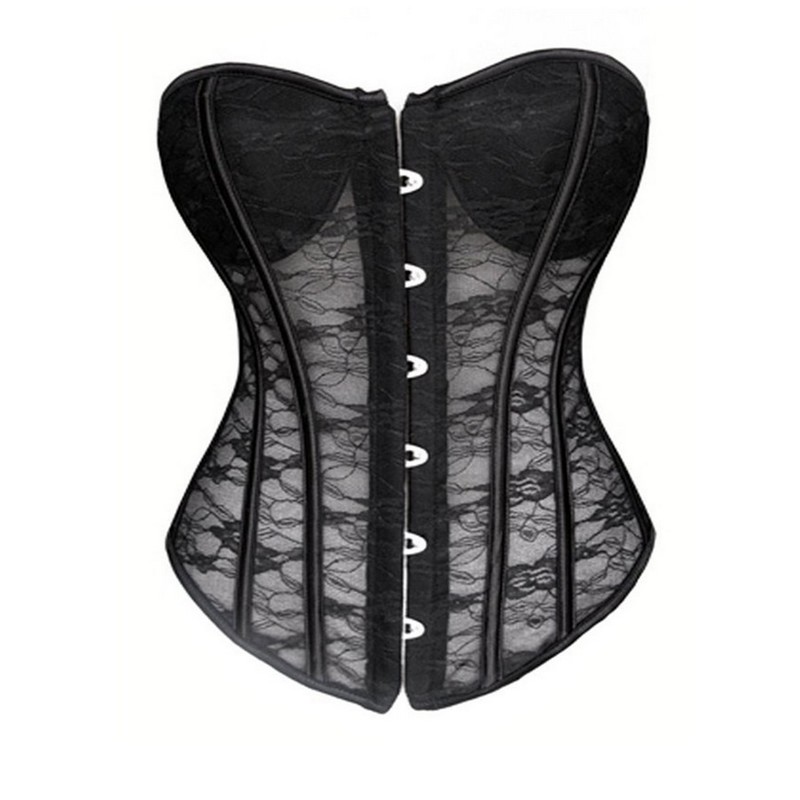 Lace Mesh Overbust Corset Top Women Fashion Transparent Plastic Boned Underwire Padded Cups Sexy Lace-up White Bridal Corset
