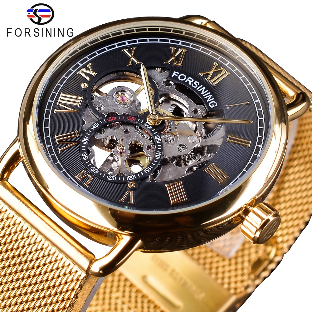 Forsining Classic Black Golden Skeleton Clock Mesh Band Design Waterproof Men's Mechanical Watches Top Brand Luxury Montre Homme, Slivery;brown
Forsining Classic Black Golden Skeleton Clock Mesh Band Design Waterproof Men's Mechanical Watches Top Brand Luxury Montre Homme, Slivery;brown