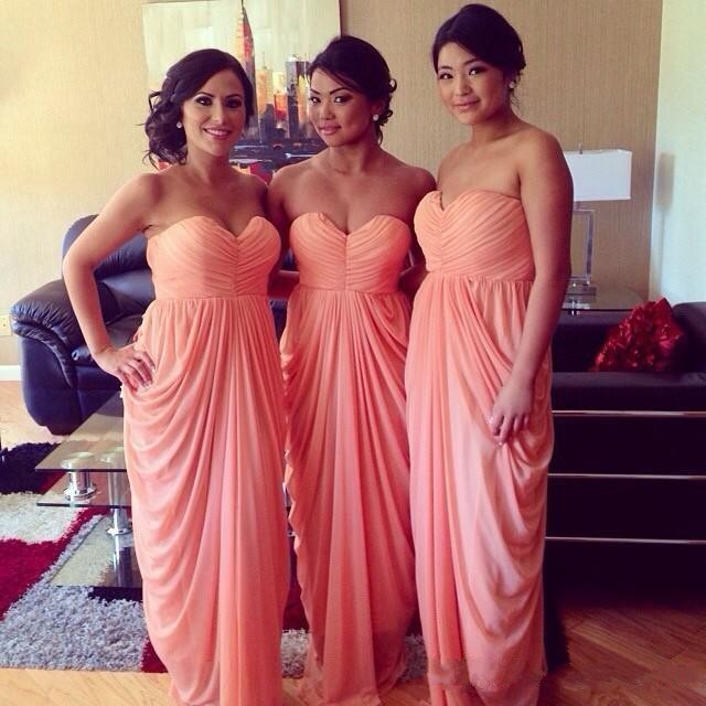 Spring 2019 Coral Chiffon Bridesmaid Dresses Long Sweetheart Neckline Gathered Bodice Fitted Draping Skirt Summer Wedding Guest Dress