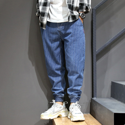 Japanese Style Fashion Men Jeans Stripe Designer Loose Fit Cargo Pants hombre Slack Bottom Streetwear Hip Hop Joggers Jeans Men