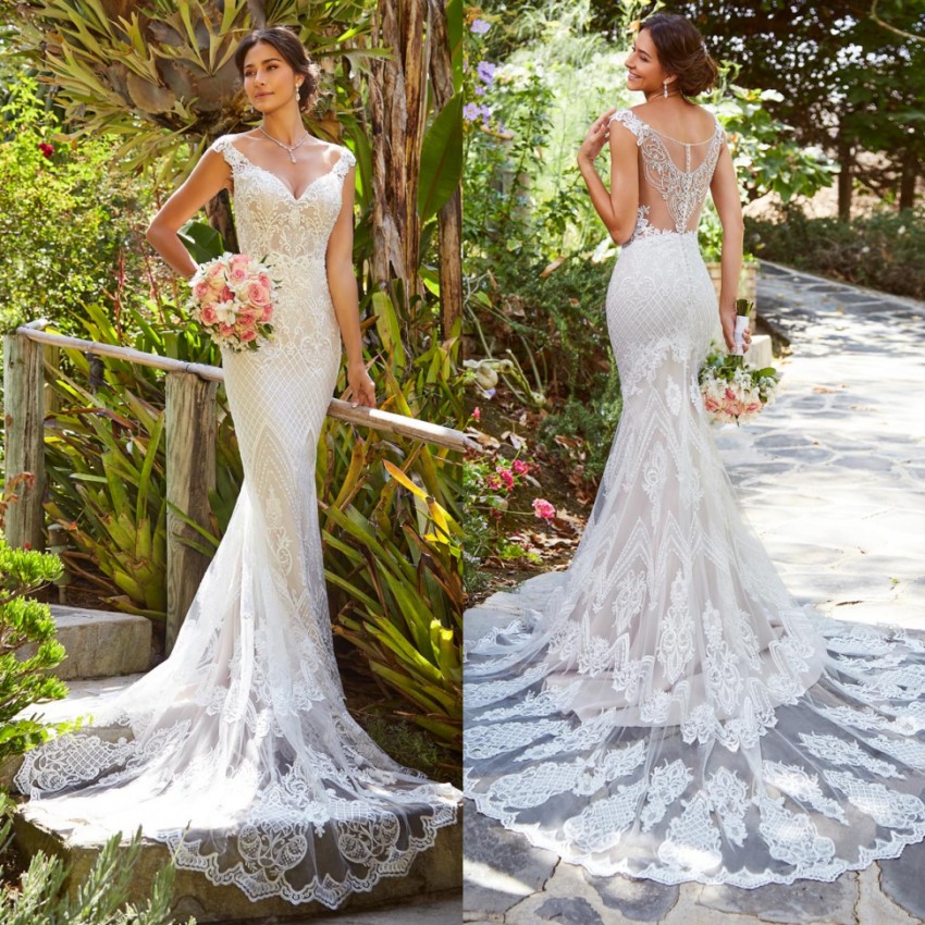 Sale Mermaid Hot Beaded Lace Wedding Dresses V Neck Appliqued Bridal Gowns Sweep Train Trumpet Custom Made Robe De Marie