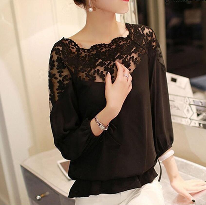 2019 New Sexy Fashion Women Hollow Out Lace Chiffon Blouse Casual Ladies Elegant Lace Shirt