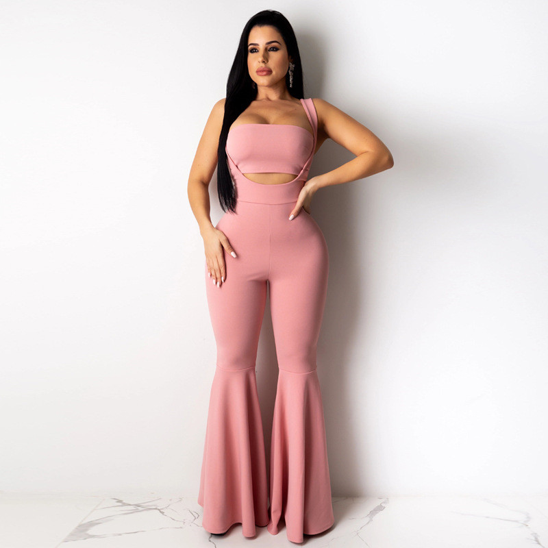 New Summer Women designer bell-bottomes chest wrap+jumpsuits solid color two piece set fashion strapless bra rompers Beautiful vest flared pants 2670