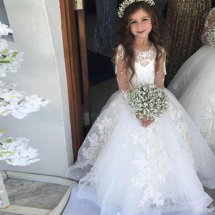 New Cute Jewel Neck Long Sleeve Flower Girls Dresses Lace Appliques Kids Pageant Dress Beaded Formal Gowns Birthday Communion