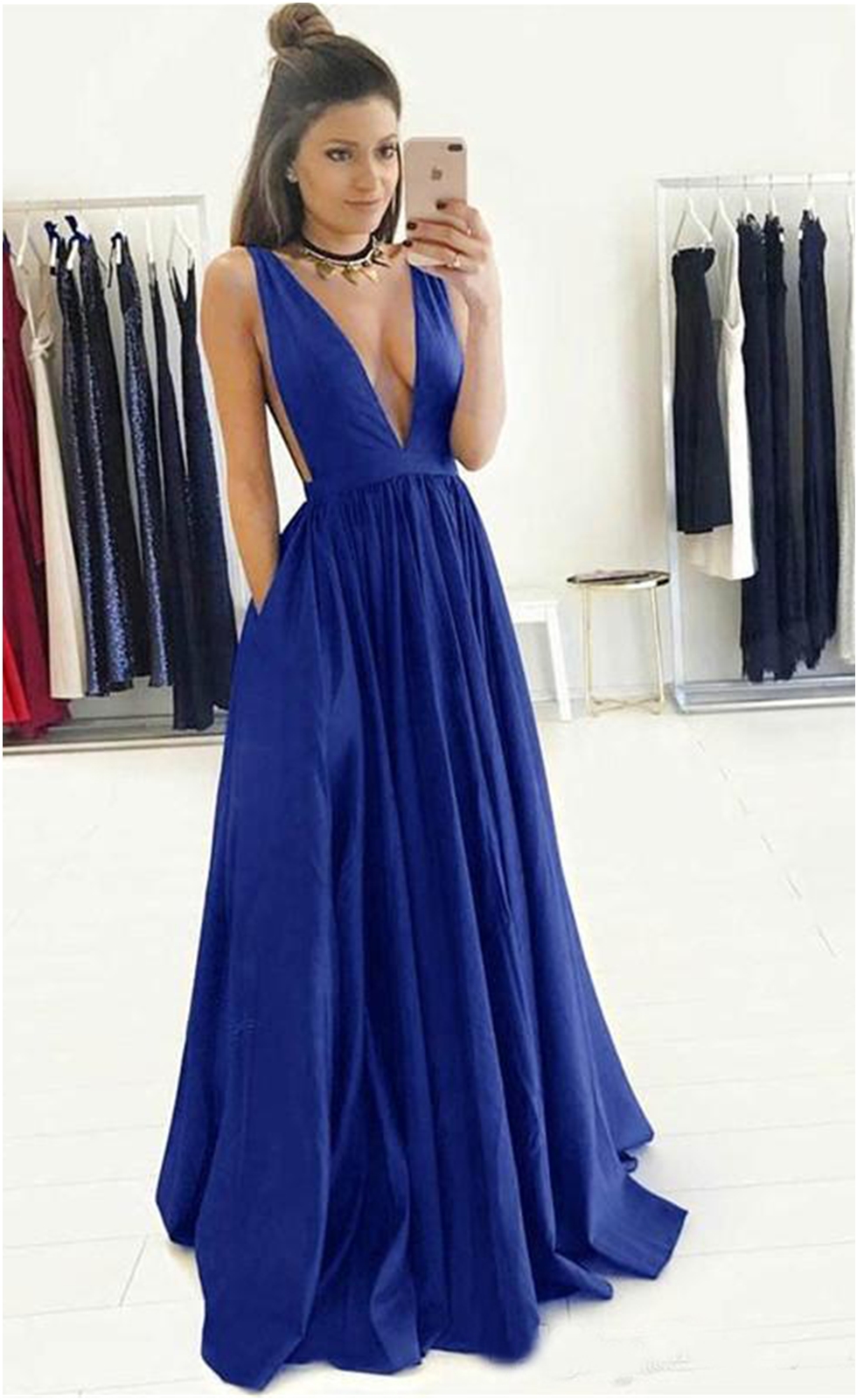 Royal Blue Taffeta Prom Dress with Ruched Bodice Evening Dress with Pocket Open Back Formal Dress A-Line Deep V-Neck Sweep Train
