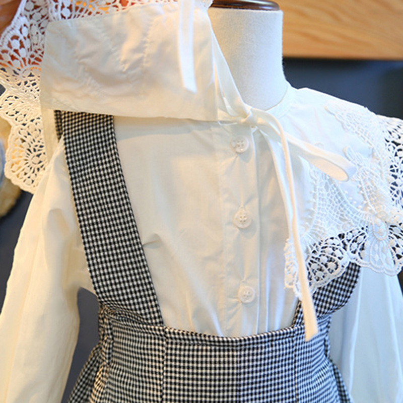 Girls Dress 2020 New Spring / Autumn England Style Lace Long Sleeve Shirt + Plaid Strap Dress For Princesss 3-7 Years