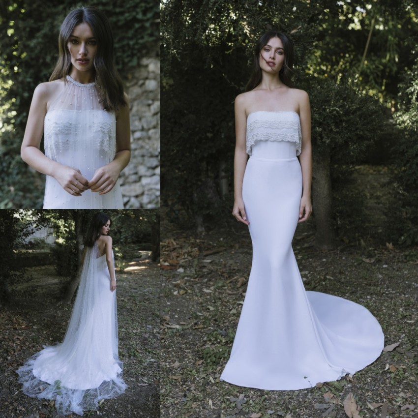 Pearls White Mermaid Wedding Dresses With Tulle Outfit Strapless Neck Beaded Bridal Gowns Sweep Train Trumpet Robe De Marie