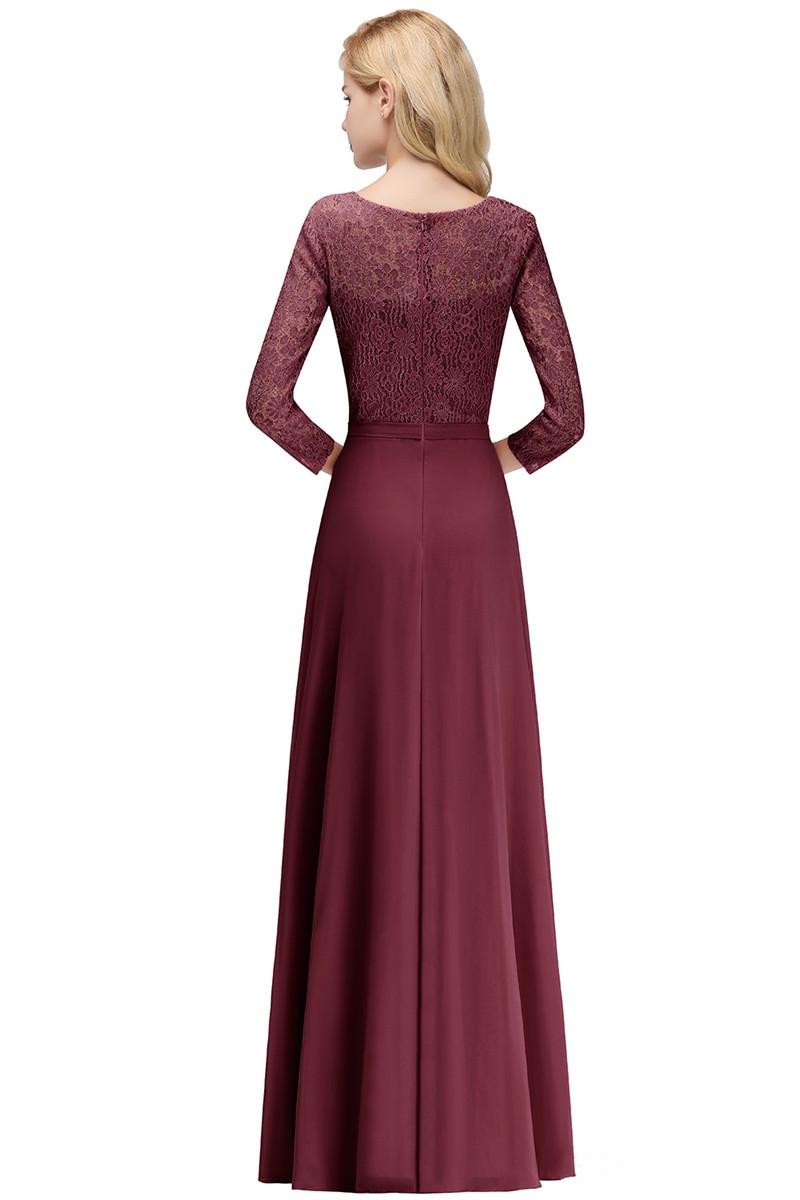Elegant Lace and Chiffon Burgundy Bridesmaid Dresses Long Sleeves Jewel Neck A Line Floor Length Women Wedding Guest Dresses