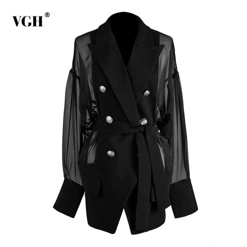 VGH Elegant Patchwork Mesh Blazer Women Notched Neck Lantern Long Sleeve High Waist Lace Up Suits For Female Fashion Clothes New, Black
VGH Elegant Patchwork Mesh Blazer Women Notched Neck Lantern Long Sleeve High Waist Lace Up Suits For Female Fashion Clothes New, Black