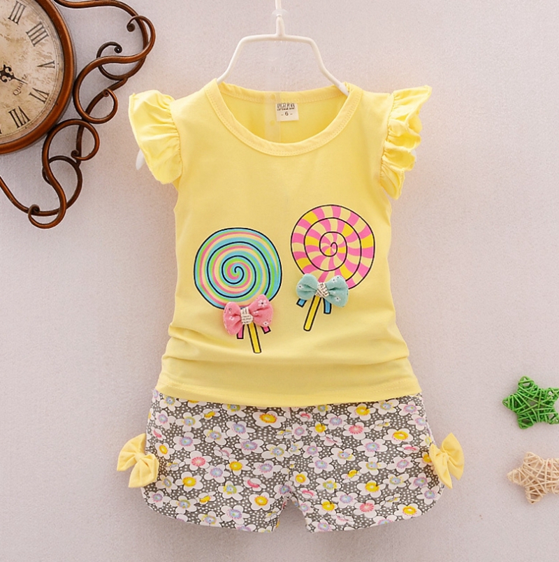 Baby Girls Outfits Lollipop Printed Kids Tops Floral Shorts 2pcs Sets Sweet Girls Clothes Set Fashion Kids Clothing 7 Colors DHW2448