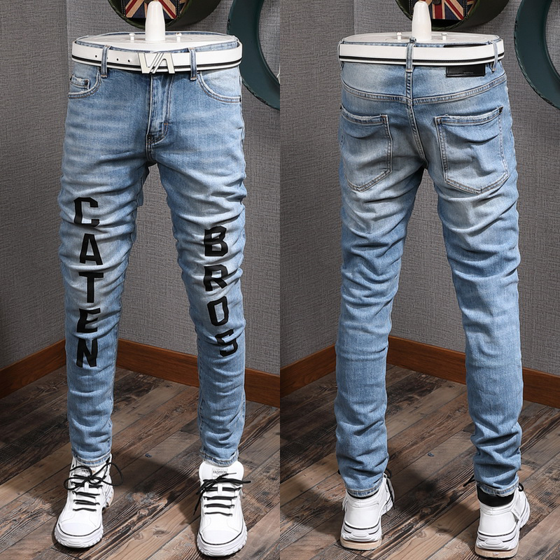 Print Distressed Blue Jeans Guy Slim Biker Fit Skinny Leg Ripped Fading Cowboy Trousers Men
