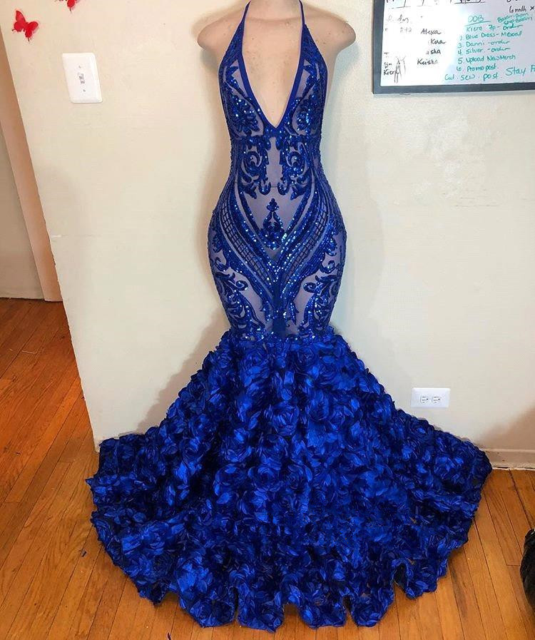Royal Blue Halter Lace Mermaid Long Prom Dresses 2019 V Neck Sequins Illusion 3D Floral Sweep Train Formal Party Evening Gowns BC1368
