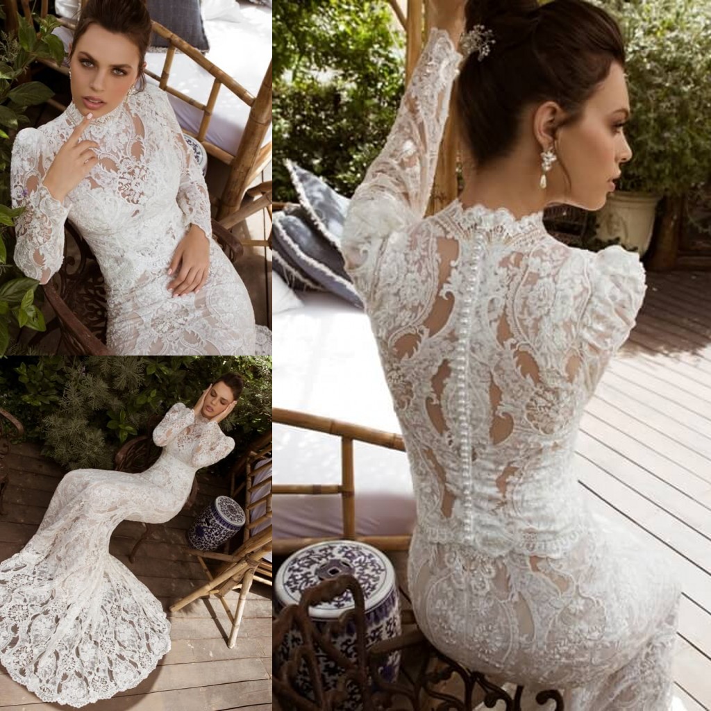 high collar mermaid wedding dresses long sleeve lace appliques bridal gowns illusion beading back wedding dress vestidos de novia