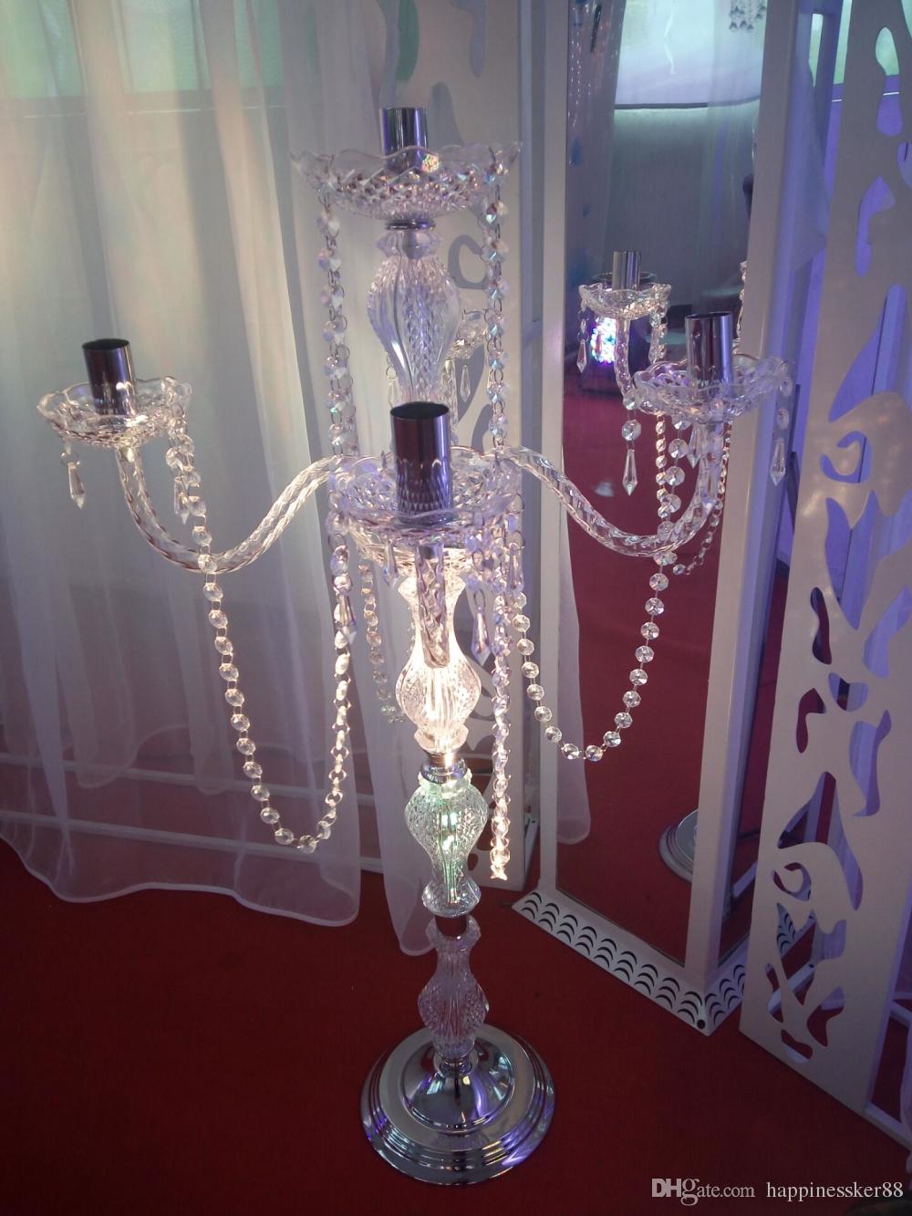 90 cm height Acrylic 5-arms metal candelabras with crystal pendants wedding candle holder centerpiece party decor XJ260305