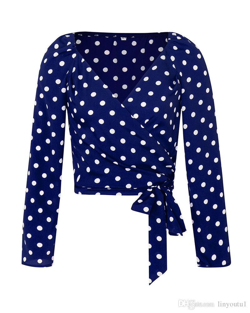 2020 Women Sexy Long Puff Sleeve V-Neck Polka Dot Ruched Blouse Shirt With Belt V-neck wave puff sleeve with belt shirt