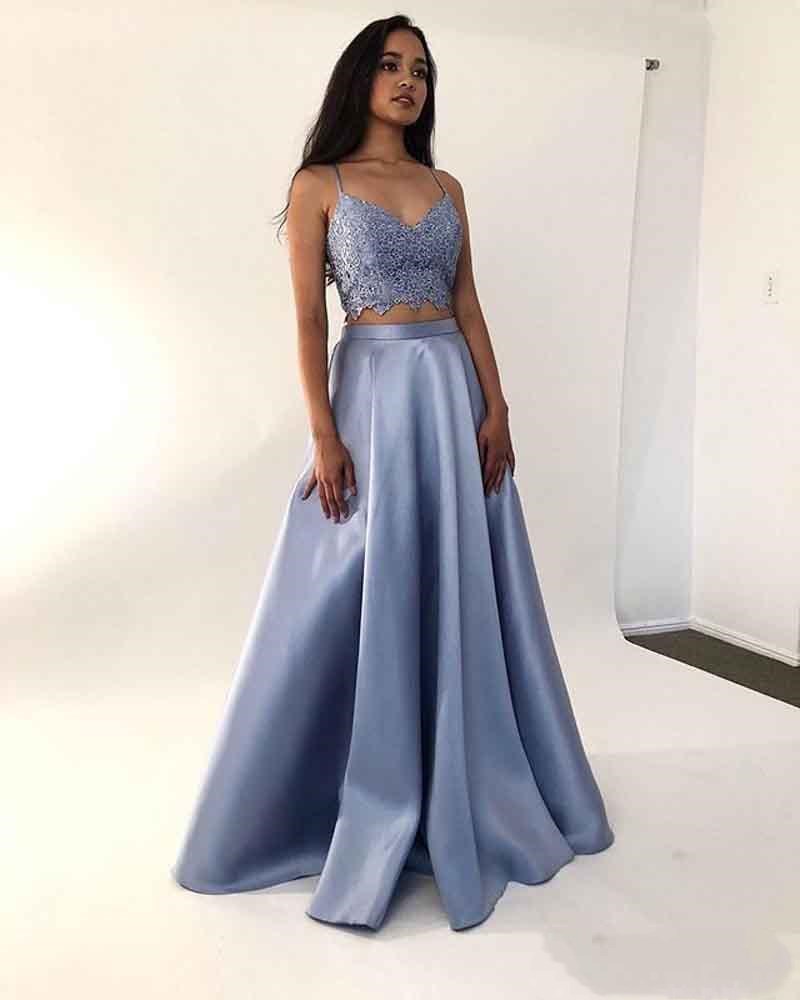 Spaghetti Straps Lace Crop Top Prom Dresses Long Blue Satin Party Gowns Two Pieces Design Women Sexy evening Dress