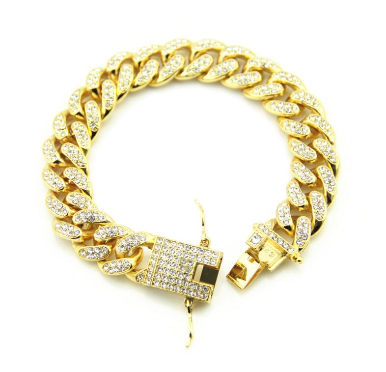 New Color 12mm Prong Cuban Link Chains Bracelets Fashion Hiphop Jewelry 3 Row Rhinestones Iced Out Braclets For Men