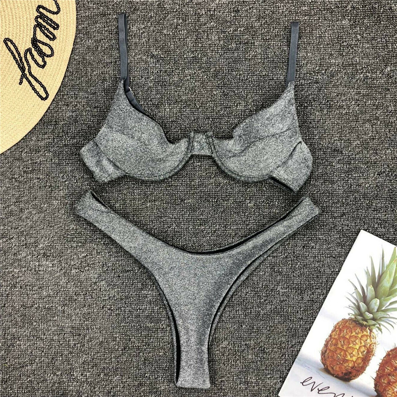 New 2019 Fashion Summer Women Sexy Padded Push Up Bra Underwire Shinny Bikinis Sets Swimsuit Push-up Swimwear Sliver Bikini Set1