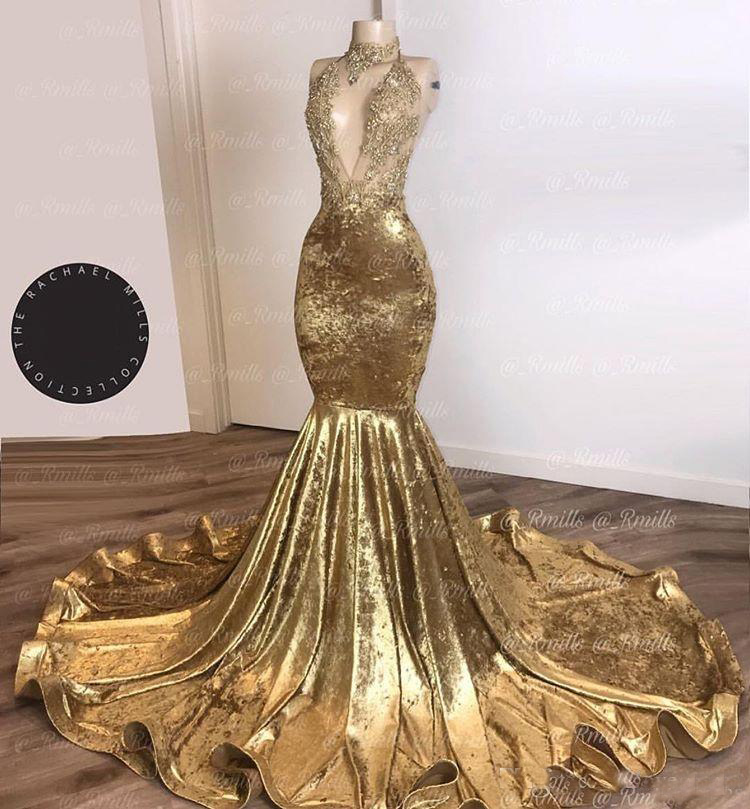 Gold Beads Mermaid Prom Dresses V Neck Sexy African Evening Dress Wear Long Formal Dress Party Gowns