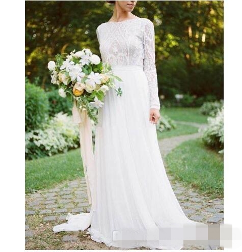 Bohomian A E Dresses Long Sleeves Bateau Necke Lace Applique Chiffon Beach Wedding Bridal Gown Vestido De Novia