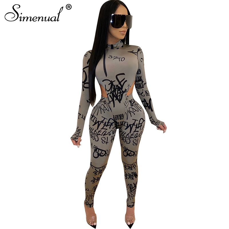 Simenual Letter Print Skinny Women Matching Set Long Sleeve Fashion Sexy Two Piece Outfits Bodycon Hot Bodysuit And Pants Sets