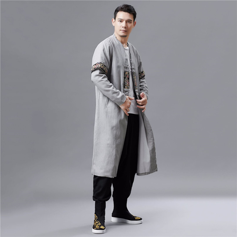 2019 Spring Autumn New Double Collar Long Sleeve T-shirt Men's Retro Fashion Long-style Chinese National Clothing Classic Design