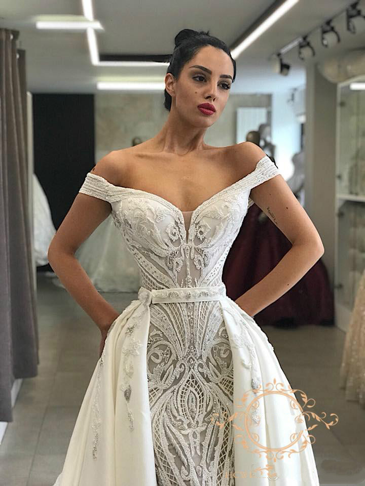 Gorgeous Mermaid Lace Arabic Wedding Dresses Off The Shoulder Detachable Train Customize Dubai Wedding Gowns Applique Robe De Mariee