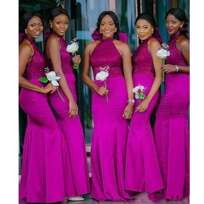 2020 Charming Mermaid Long Bridesmaid Dresses Fuchsia Halter With Bow Lace Top Satin Arabic Wedding Party Dresses Floor Length Formal Gowns
2020 Charming Mermaid Long Bridesmaid Dresses Fuchsia Halter With Bow Lace Top Satin Arabic Wedding Party Dresses Floor Length Formal Gowns