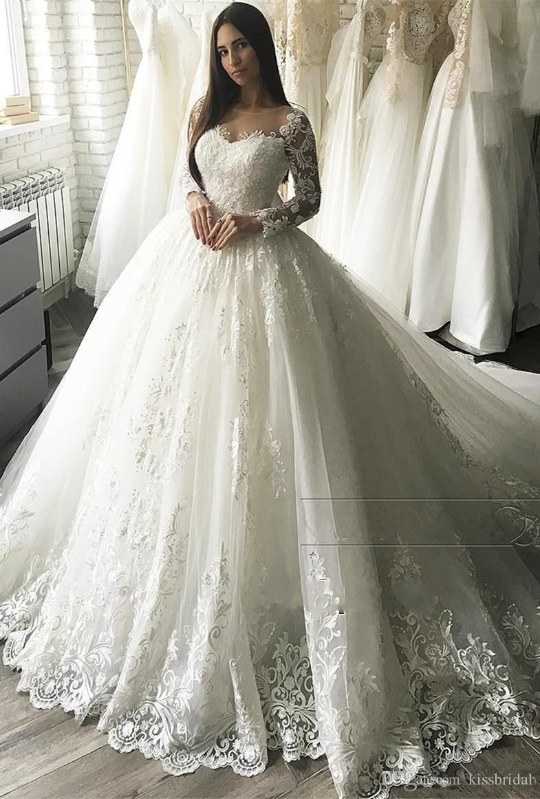 Dresses Elegant Lace Ball Gown Illusion Necke Long Sleeve Wedding Dress Bridal Gowns Sheer Bead Appliques Robes De Soire S