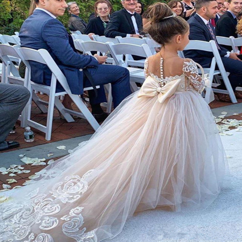 Sheer Jewel Neck Long Sleeves Flower Girls Dresses Cute Tulle Lace Appliques Long Formal Kids Birthday Party Gowns with Bow Sash