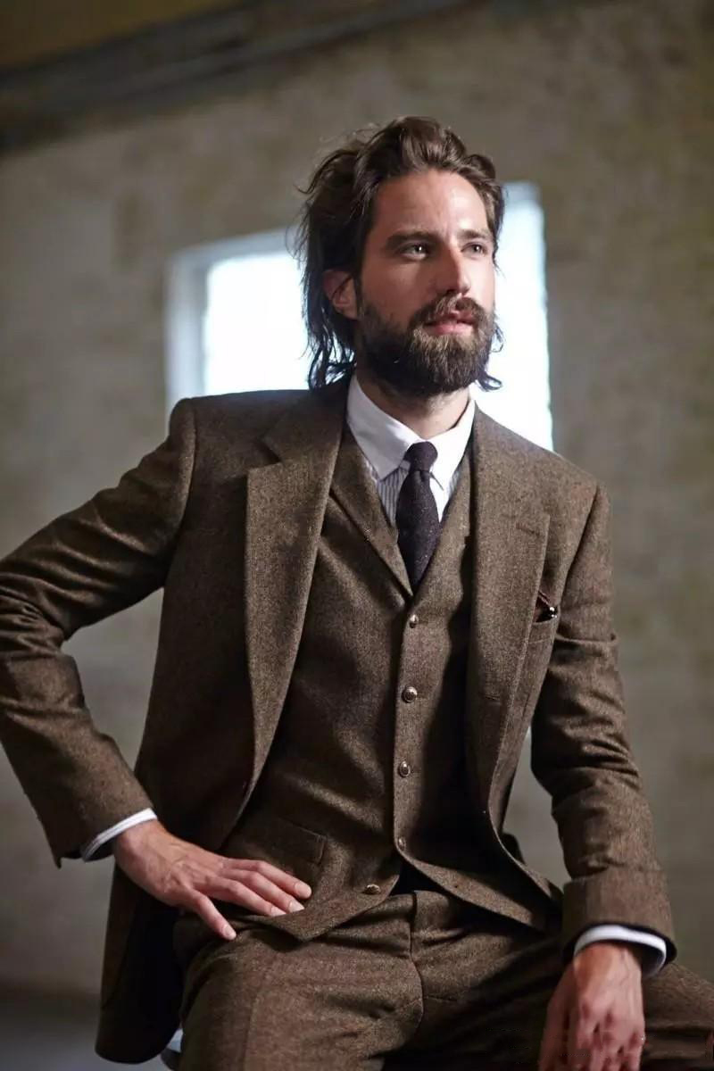Autumn Winter Popular Brown Tweed Groom Tuxedos Notched Lapel One Button Fashion Men Wedding Wear Three Pieces Suit (Jacket+Pants+Vest
