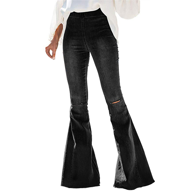 Vintage Bell-Bottoms Jeans Denim Flare Pants Wide Leg Women Casual Boot-Cut Pant Female Trousers For Women Knee Hole