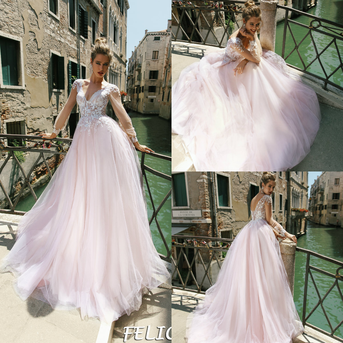 2019 Blush Pink Wedding Dresses V Neck Lace Appliqued A Line Long Sleeve Beach Wedding Dress Sweep Train Sexy Back Cheap Bridal Gowns