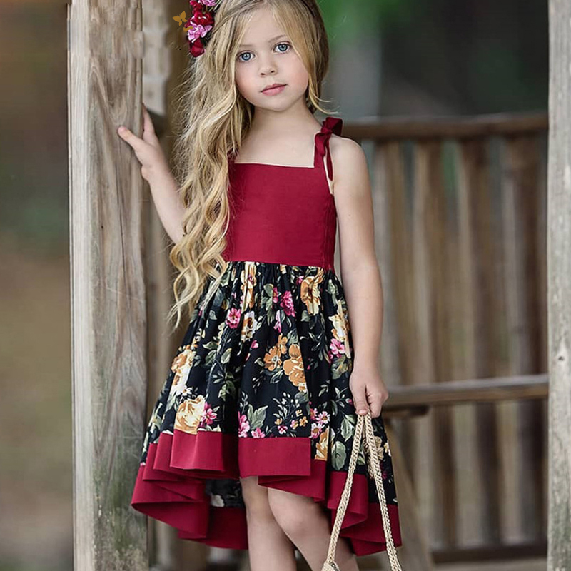 Girls Dress New Summer Casual Style Sweet Short Sleeve Floral Print Square Collar Design for Girls Clothes