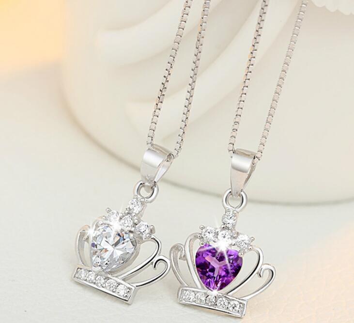 925 Sterling Silver Jewelry Austrian Crystal Crown Wedding Pendant Purple/Silver Water Wave Necklace GB1460