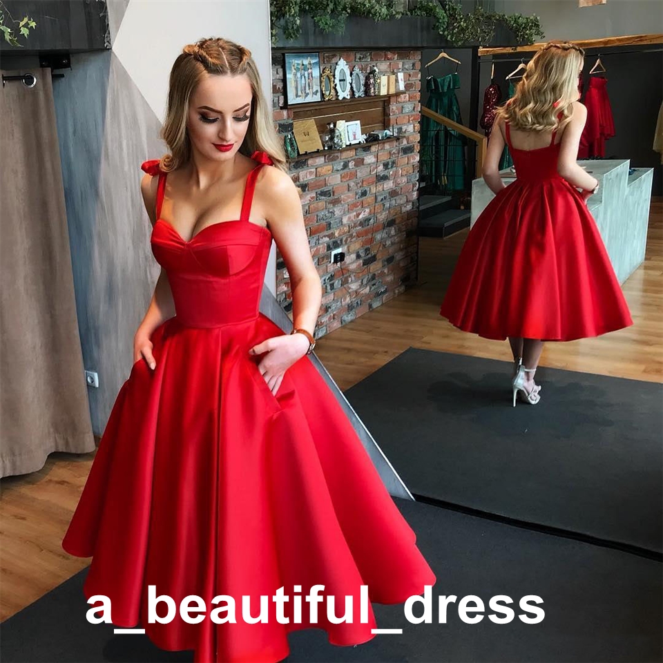 Sexy Red Straps Short Cocktail Club Graduation Dresses A Line Tea Length Open Back Prom Gowns Red Carpet Celebrity Dresses Custom GD7822